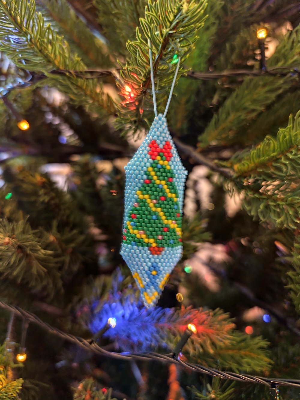Handcrafted Blue Beaded Ornament with Green Christmas Tree - Holiday Décor